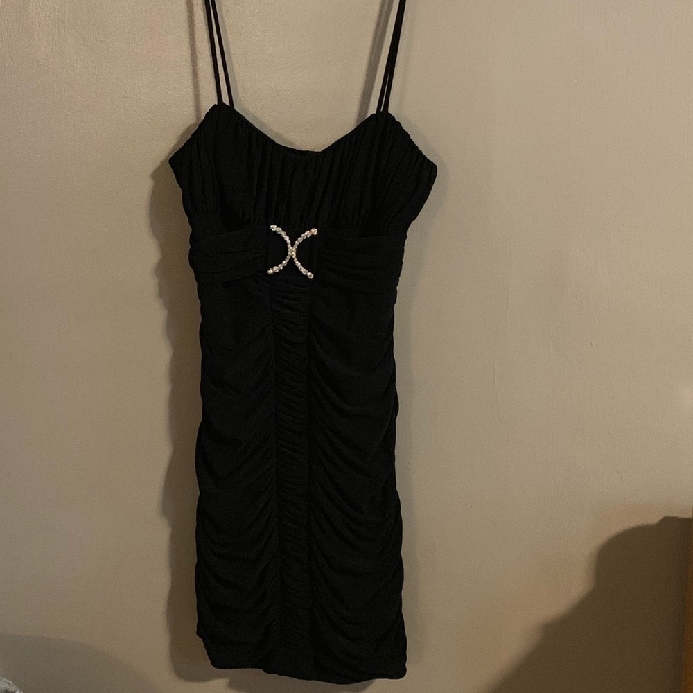 Black ruched mini dress with rhinestones